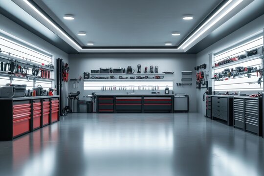 A well-organized and modern garage workshop with various tools and equipment neatly arranged on shelves and in cabinets.