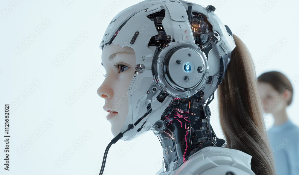 Aufkleber profile view of an artificial humanoid with a headset, a half-man and digital circuits visible on th