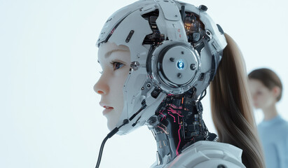 Fototapeta premium Profile view of an artificial humanoid with a headset, a half-man and digital circuits visible on the side on a white background. Another female figure is visible from behind. 
