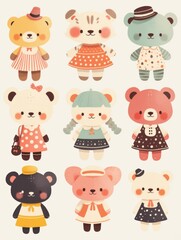Pastel Flat Style Cartoon Animal Doll Stickers: Simple and Cute Designs