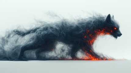 animalistic smoke monster made of black smoke with red burning coals on white background
