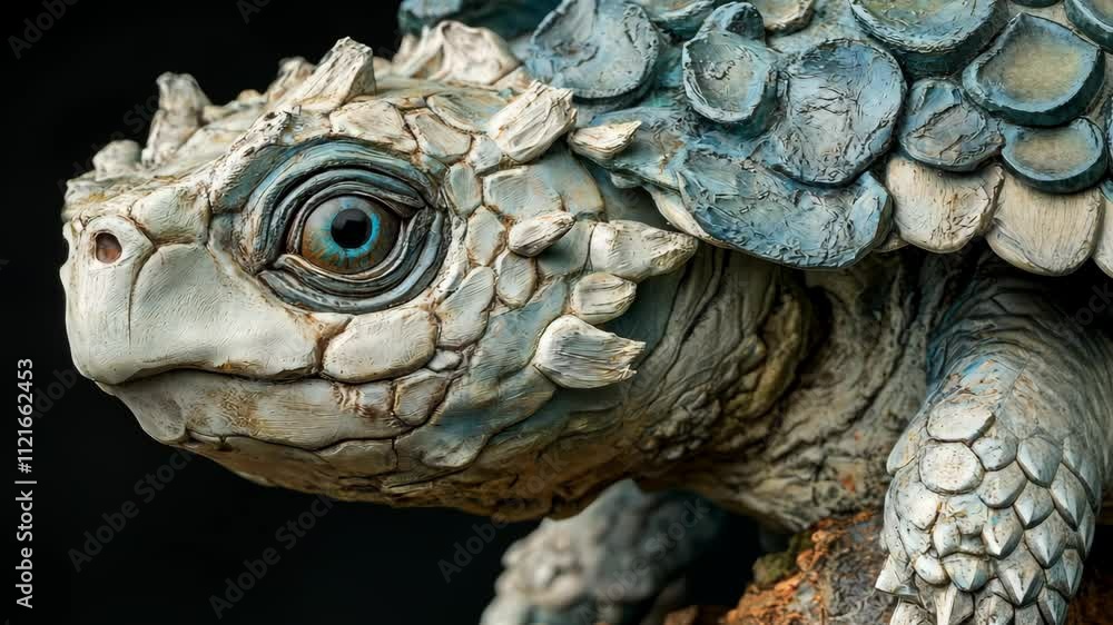 Poster detailed close-up of an intricately designed turtle sculpture showcasing unique textures and colors