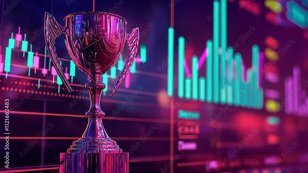 Poster a trophy illuminated by digital graphs symbolizing business success and innovation. concept of winni