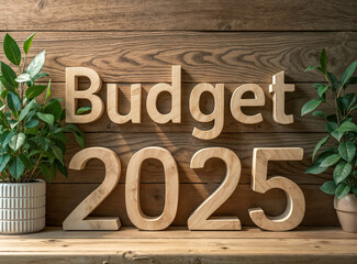 wooden budget 2025 sign with plants