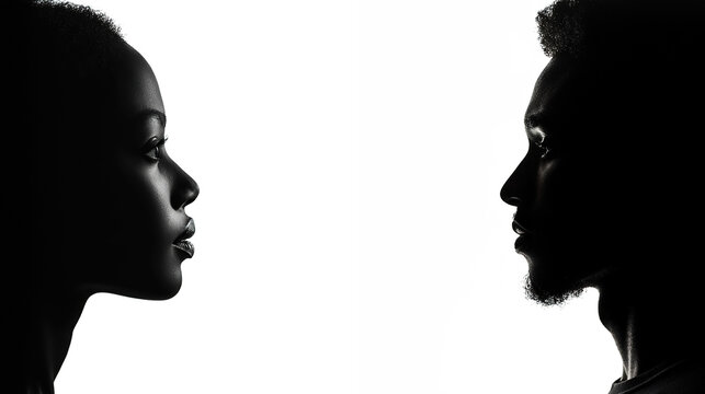Portrait in profile of a young black woman on the left and a young black man on the right on a white background with free space in the center for text, copy space