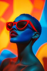 Vibrant Fashion Portrait: Model with Bold Blue Skin and Red Sunglasses Against Colorful Abstract...