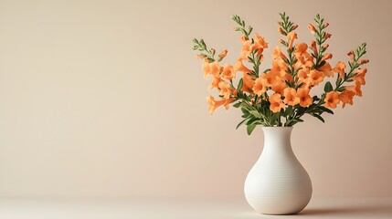 White ceramic vase displays vibrant orange snapdragons with green foliage against a beige backdrop, featuring minimalist composition and studio lighting that creates soft shadows and clean aesthetic.