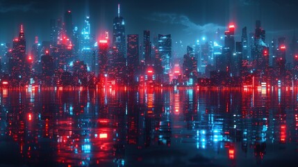 Obraz premium A futuristic cityscape illuminated by vibrant blue and red lights, reflecting on water.