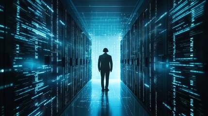 data center specialist walking through server room