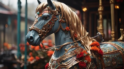 Decorated carousel horse brings a whimsical and classic touch to a lively amusement park scene.