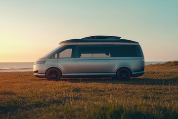 Sleek silver campervan parked by the ocean at sunset, ready for adventure.