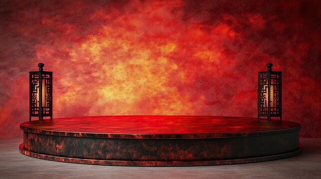 Empty Podium round stage chinese style, for chinese new year and festivals or mid autumn festival with red papar cut art and craft on color backgroung with asian elements Copy space.