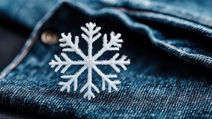 A close-up of a white snowflake design embroidered on blue denim fabric.