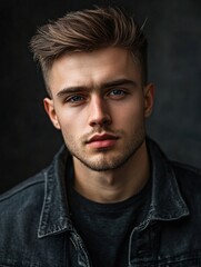 Fototapeta premium young guy with fashionable hairstyle, portrait on dark background