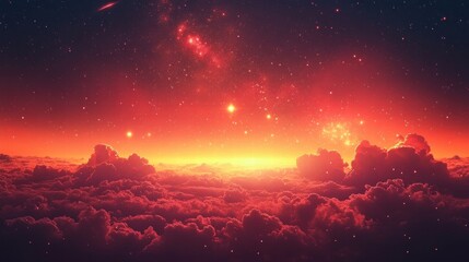 Fototapeta premium Stunning sunset over serene clouds digital art cosmic landscape majestic viewpoint tranquil ambience for dreamy concepts