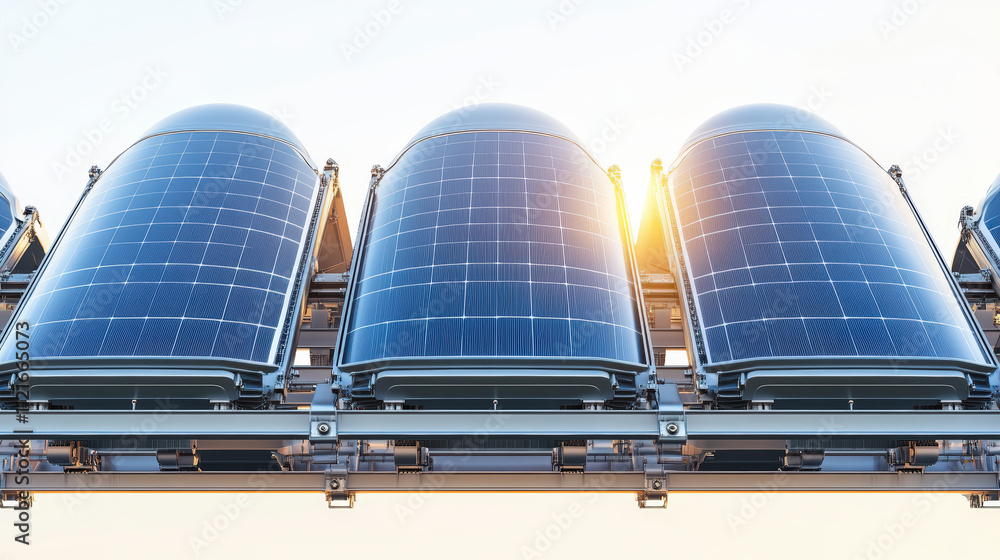 Poster futuristic solar panels align in a row, capturing sunlight efficiently. they represent clean, renewa