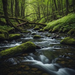 Obraz premium A stream rushing through a forest alive with spring growth.