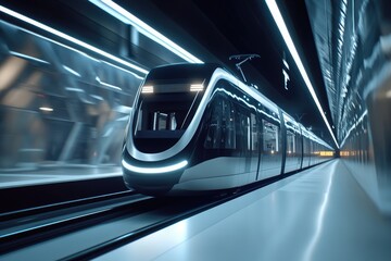 Futuristic high-speed train speeding through a modern, illuminated tunnel.