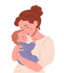 Mother holding a child in her arms. Cute vintage picture.Pregnancy and breastfeeding concept.