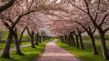 Naklejka premium Serene Pink Blossom Path: A Springtime Stroll