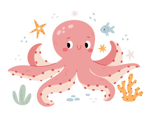Octopus in a marine environment among fish, algae and corals. Modern minimalistic illustration in the Scandinavian kids style.