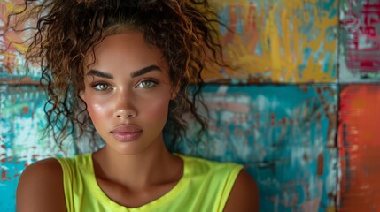 Fototapeta premium Portrait of a young woman urban art background photography colorful environment close-up view authentic expression for social media