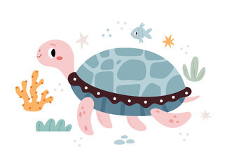 Turtle in a marine environment among fish, algae and corals. Modern minimalist illustration in Scandinavian kids style.