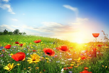 Obraz premium Vibrant Spring Field of Wildflowers at Sunrise with Red Poppies, Yellow Daisies, Blue Sky, and Sunlight Creating a Serene Nature Landscape