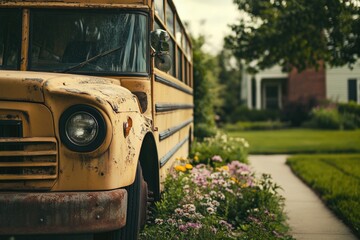 A rusty, vintage yellow school bus parked beside a flower bed near a suburban home.