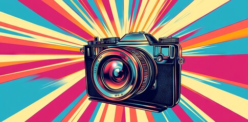 Vibrant Pop Art of a Classic Camera with Radiant Beams. AI generated illustration