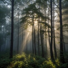 Fototapeta premium A foggy forest illuminated by soft morning sunlight.