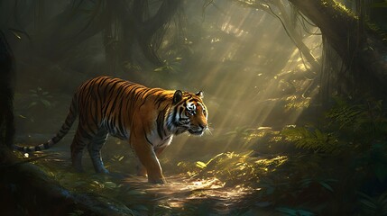 Majestic Tiger Walking Through a Lush Green Forest