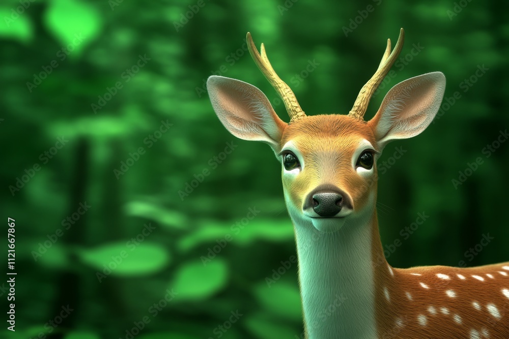 Poster A 3D-rendered deer in a dense forest, with light filtering through the trees and reflecting off its glossy coat