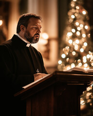 Orthodox priest in traditional vestments holding a service, warm church lighting, respectful and sacred