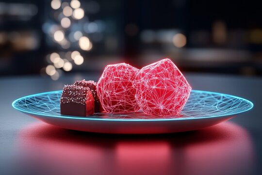 A 3D-rendered image of a futuristic dessert platter with geometrically shaped chocolates and glowing edible ornaments