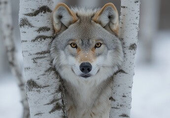 Fototapeta premium Wolf Peeking From Behind Birch Trees