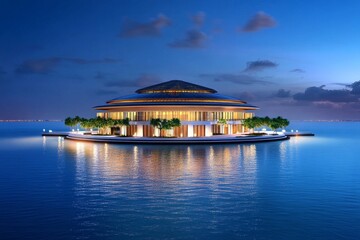 Obraz premium A 3D-rendered image of the Louvre Abu Dhabi, showcasing its dome with dynamic lighting and intricate water reflections