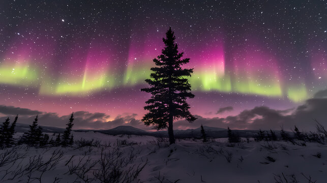 A lone spruce tree stands silhouetted against a vibrant display of northern lights in the alaskan wilderness at night, trees, boreal forest, winter landscape, landscape, dark sky. Boreal. Illustration
