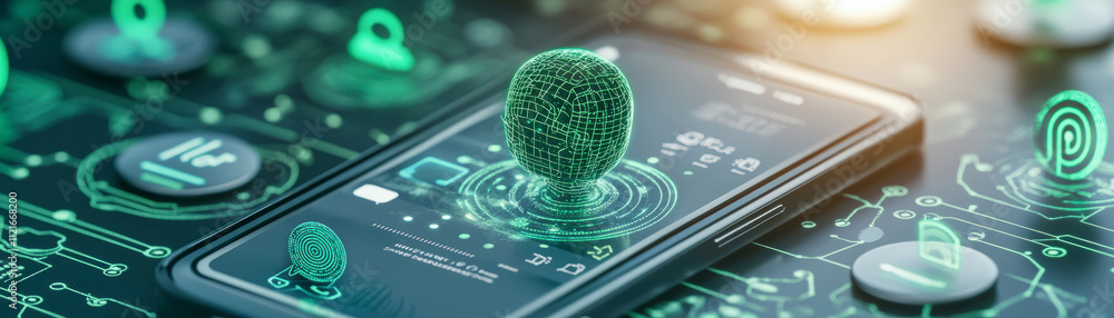Poster the image depicts a digital fingerprint emerging from a smartphone, symbolizing biometric security t