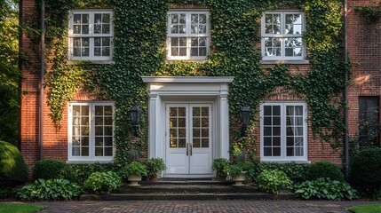 Fototapeta premium European vintage building&nbsp;features red brick facade with white wooden double&nbsp;doors, adorned with climbing ivy vines creating romantic entrance and rustic charm.