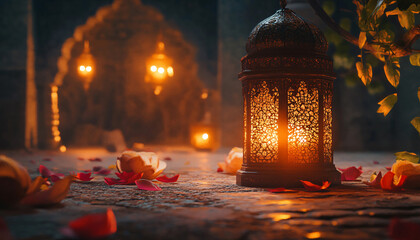 Ramadan Kareem - Arabic Lantern At Dawn In Desert With Crescent Moon - Magic Abstract Glitter In The Light

