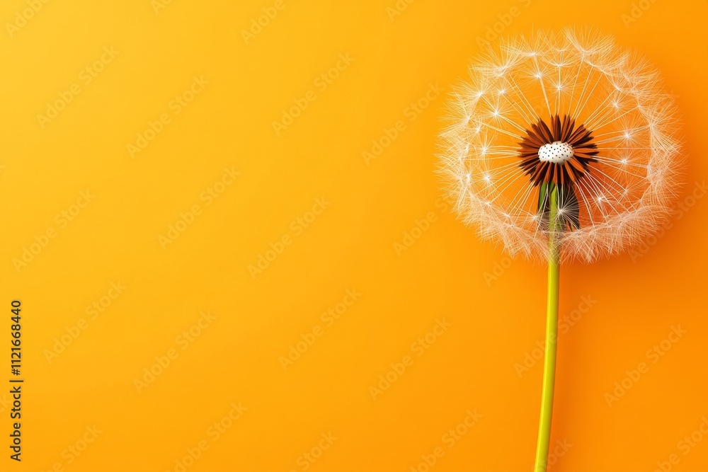 Poster a bold graphic of a single dandelion stem with a few seeds attached, set against a neutral backdrop