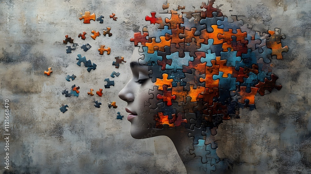 Poster puzzle pieces create a human silhouette with colorful fragments of thought. generative ai.