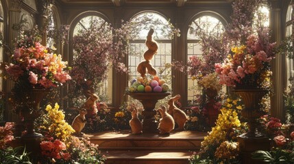 A playful Easter setup with bunnies balancing eggs amid blooming flowers on a sunny day, intricately detailed