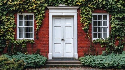 European vintage building features red brick facade with white wooden double doors, adorned with climbing ivy vines creating romantic entrance and rustic charm.