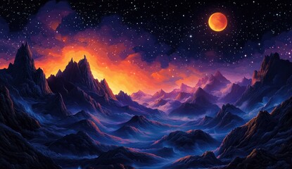 Mountainous Night Sky with Orange Moon