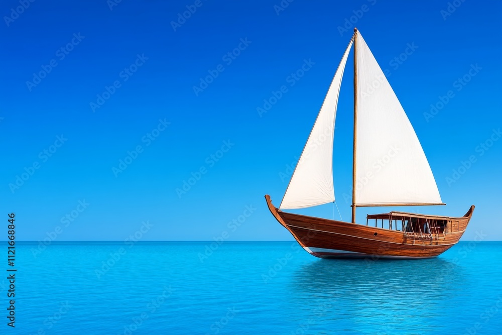 Poster a clean composition of an arabian dhow sailing against a simple blue gradient, symbolizing abu dhabi