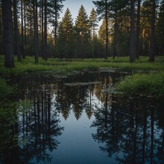 Obraz premium A clearing in the woods with a small pond reflecting the sky.