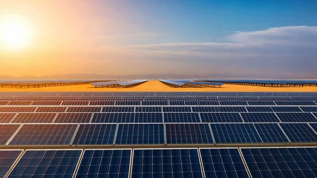 Vast Solar Farm Under Golden Sunset with Rows of Panels Capturing Sunlight