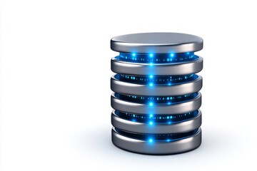 A clean icon of a database stack, with glowing blue lines and soft gradients on a white background